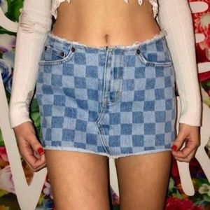 Carmar checkered raw edge denim mini skirt 24 XS 0